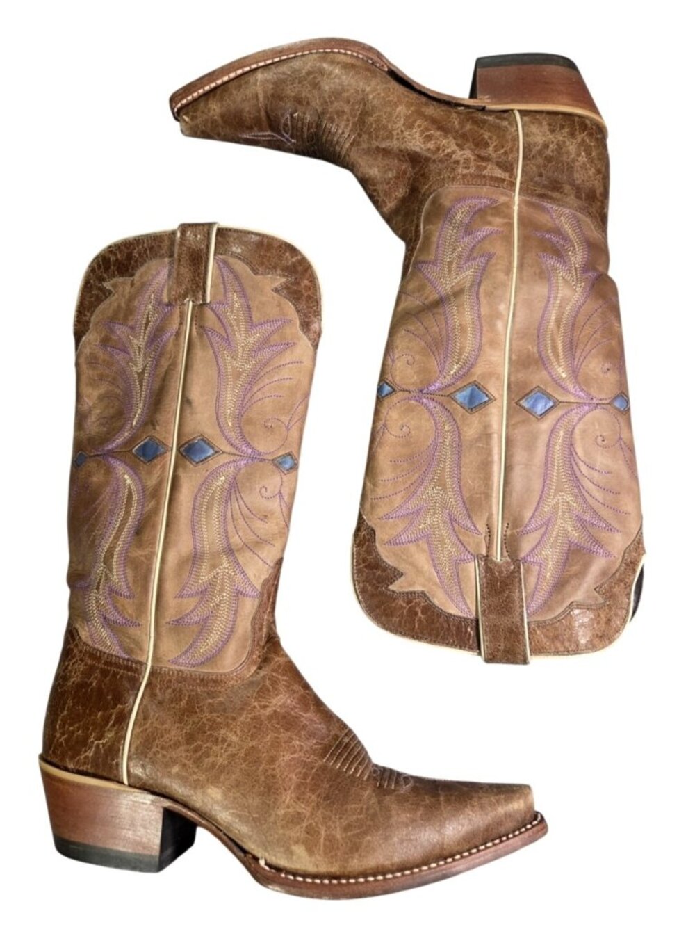 VTG Nocona Womens Embroidered Brown Purple Leather Cowgirl Tall Boots Western 9½